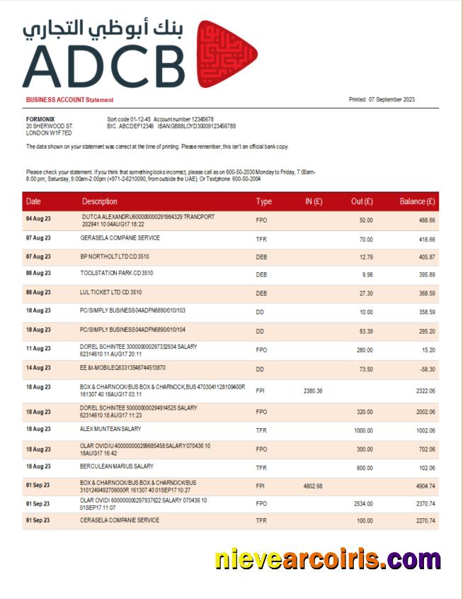 ADCB Bank company statement